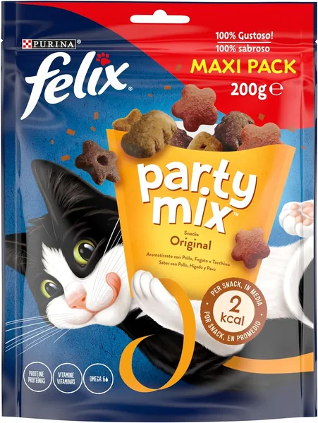 Purina Felix Party Mix Original Adulto Cat Snack con Pollo, Hígado y Pavo - Paq. de 5 Bolsas de 200 g - Mejor Oferta