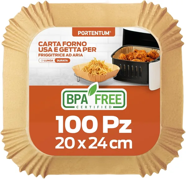 PORTENTUM Air Fryer Oven Paper 100 Square Units 20-24cm Fits 5-8L Models