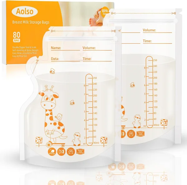Torby Mleko Matki AOLSO, 80 sztuk, Pojemniki na Przechowywanie Mleka Matki, 250ML, Zamrażanie