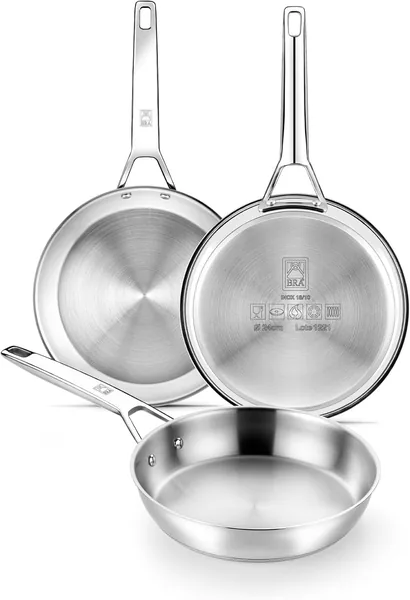 BRA Signature Set of 3 Frying Pans 20-24-26, Stainless Steel 18/10 Professional Non-Stick, Triple Bottom Diffuser Suitable for All Types of Cookers and Induction, Polished Finish