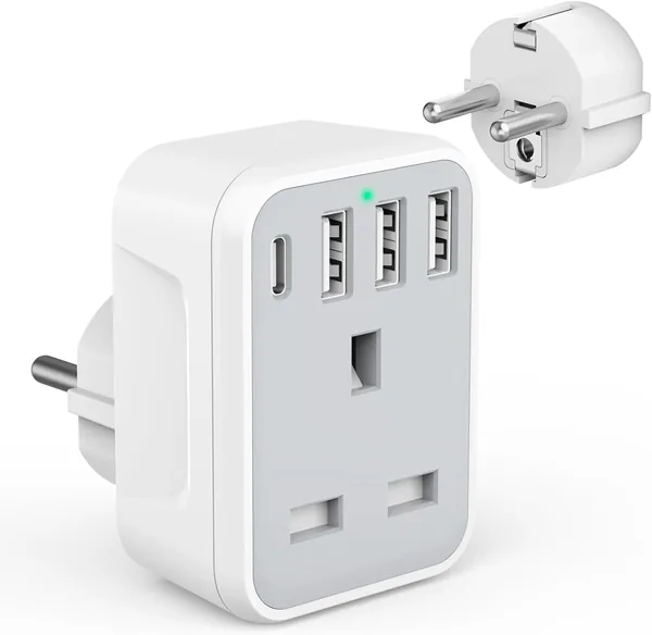 UK to European Travel Adaptor with 4 USB Ports(1 USB C)