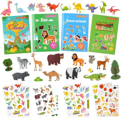 Vicloon 4 szt. książeczek z naklejkami wielokrotnego użytku, motyw zoo, ocean, dinozaury - Best Price