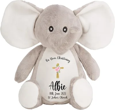 Personalised Baptism Elephant Plush Toy - Custom Name & Details