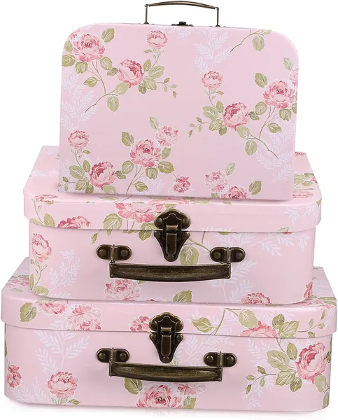 Levemolo 3pcs Floral Print Paperboard Suitcase Storage Boxes with Metal Handles for Weddings Birthdays Showers Craft Travel S