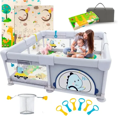 Parvuli Juego de Playpen para Niños, 150 x 180 cm con Alfombra Acojedora + 6 Manijas + Cesta + Bolso - Playpen para Bebé, Malla Transpirable