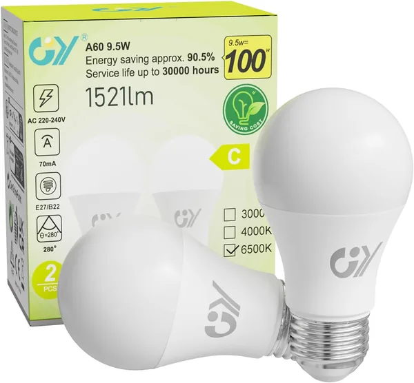 GY LED Bulbs E27 Cold Light 6500K - 9.5 W Equivalent to 100 W - 1521 Lumens, Not Dimmable - A60 Spherical LED Bulb Box of 2 Units