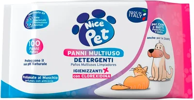 Pannolini igienizzanti multi-uso per cani e gatti, profumazione muschio con clorhexidina, confezione da 100