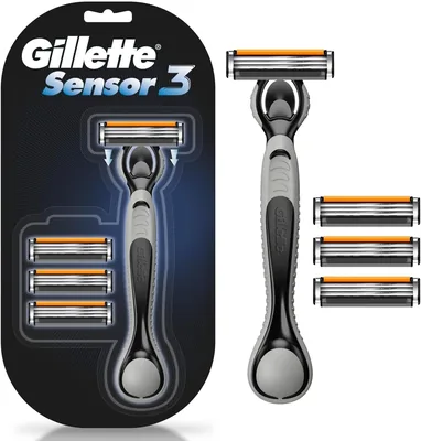 Gillette Sensor3, Rasurador Reutilizable con 1 Mango y 4 Cartuchos + 3 Láminas para Barba