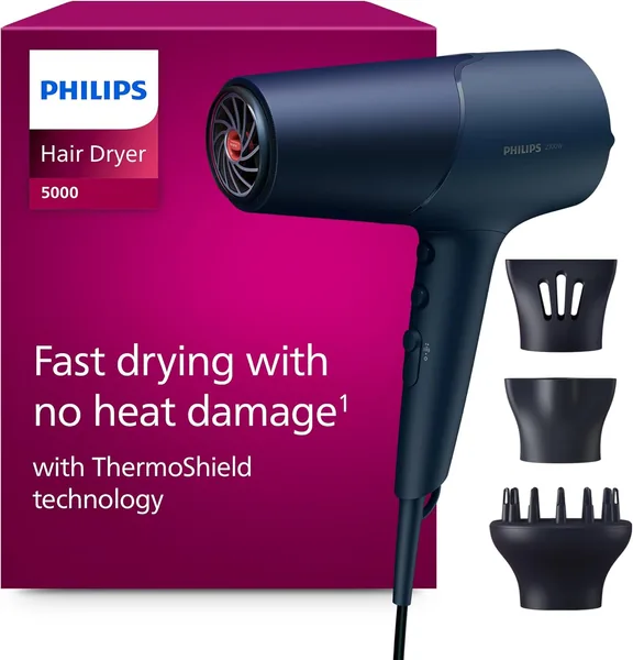 Philips Haarföhn 5000 Serie met ThermoShield Technologie en Ionische Care - 2300 W, Metallic Blauw, met 9 mm en 11 mm Stijlnoden