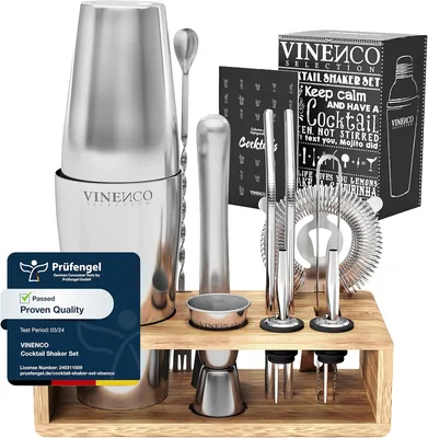 Cocktail Shakers Set Boston med Ständer + Receptbok: Premium Inox Bar Kit: Dubbel Spanna | Pro Bartender - 10% Off