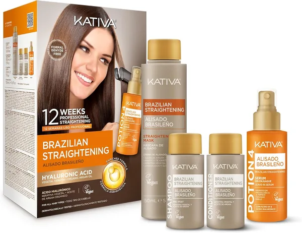 Kit de lissage brésilien KATIVA Premium - Nouveau formule avec acide hyaluronique - Cheveux lisses professionnels jusqu'à 12 semaines - Végétalien