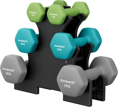 SONGMICS Juego de Mancuernas Antideslizantes con Soporte, 3x 9/12 kg - Ahorra un 10%