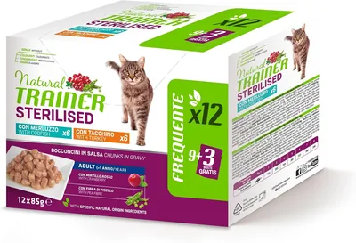 Natural Trainer Sterilizzato Cibo Umido per Gatti Adulti, Multipack con Tacchino e Codice, 12 x 85 g - Migliore Affare