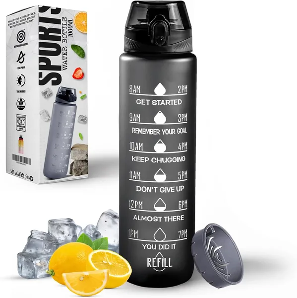 Roe Tenpo Water Bottle 1L, Sports Water Bottle with Time Markings, BPA-Free, Leak-Proof Drinks Bottle