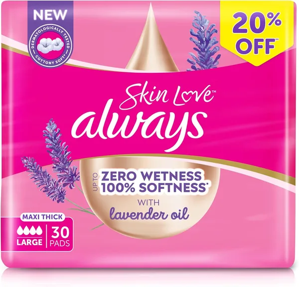 Always Cotton Skin Love Sanitary Pads, 30 Large Thick Pads