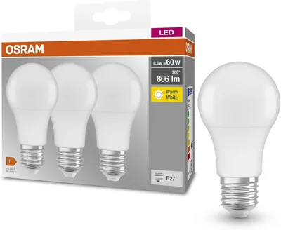 Osram Base Classic A 60 LED-Lampe mit E27-Fassung, 3er-Pack, 8,5 W, 806 lm, 2700 K, Warmweiß