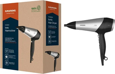 Grundig HD 6080 B Haartrockner, Ionen-Haartrockner mit Diffusor, 3 Temperaturstufen und 2 Luftstromstärken, 2.200 W, Schwarz/Silber