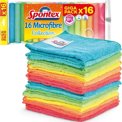 Serviettes de nettoyage en microfibre Spontex | Ensemble de 16 serviettes | 30 x 30 cm | Assorties - 57% de réduction