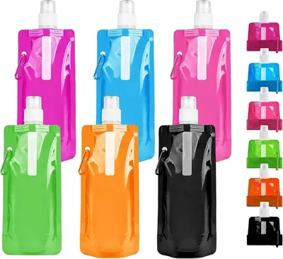 RHZXD 6er-Set Faltenwasserflaschen, 500 ml zusammenklappbare Wasserflasche, 6 Farben, wiederverwendbar, BPA-frei mit Clip