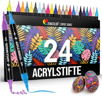 Zenacolor 24 Acrylstifte mit Doppelspitze (Fein und Pinsel) wasserfest für Steine - Acrylstifte für verschiedene Oberflächen - Mehrfarbig, Best Deal
