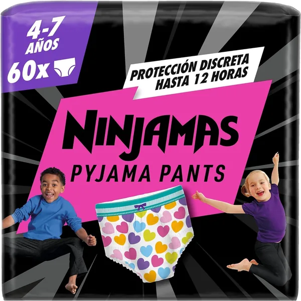 DODOT Ninjamas Pantalones para la Cama con Corazones, 60 Pañales, 4-7 Años, 37-30 lbs, Protección contra Fugas Toda la Noche
