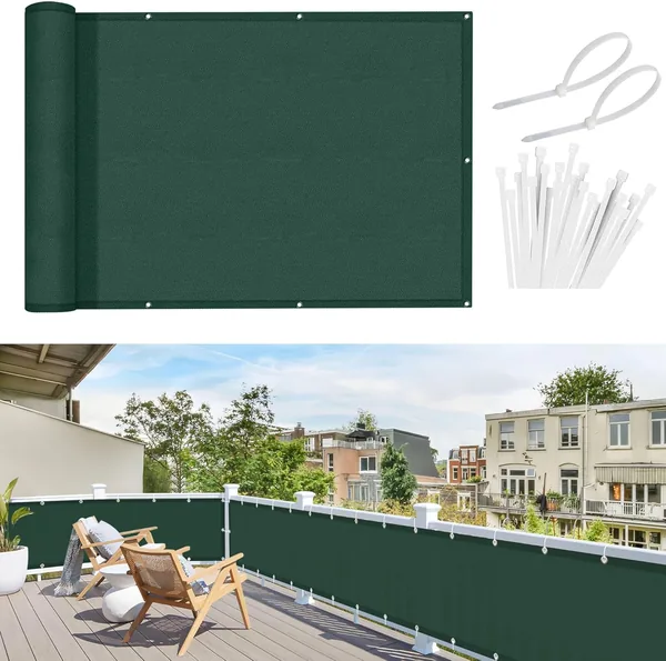 Sunnylaxx Balcony Privacy Screen for Protection 90 x 300 cm, Privacy Screen, Fence for Balcony Garden Terrace, with Eyelets and Strap, Dark Green