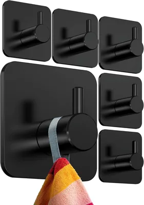 4smile Handtuchstange ohne Bohren, Set mit 6 klassischen schwarzen Haken | Badezimmerhaken aus Edelstahl mit hoher Tragkraft