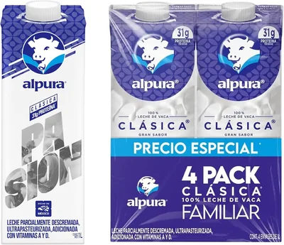 Leche Alpura Clásica 100% Leche de Vaca Ultrapasteurizada - Paquete de 4 Litros (1 Litro cada una) - Fuente de Calcio y Proteínas
