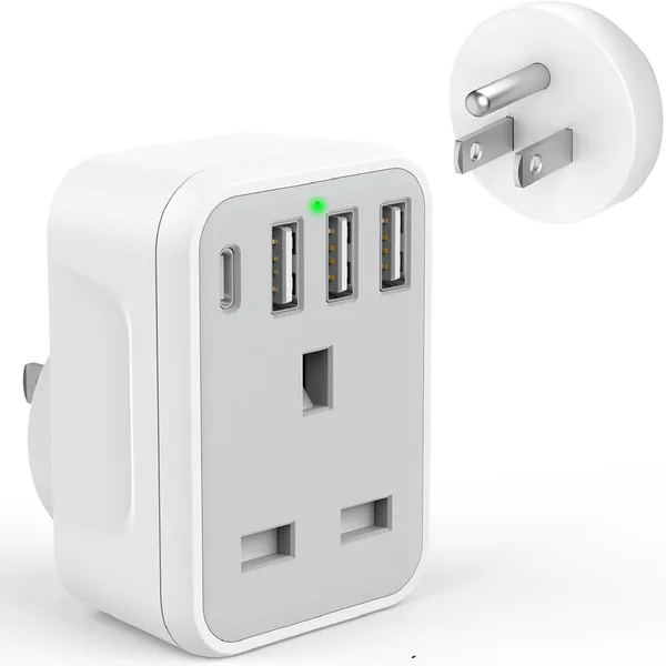 UK to US Plug Travel Adapter, USA Travel Adapter with 4 USB Ports (1 USB C Fast Charger) American to UK Plug Adapter for US Canada Mexico Thailand and More