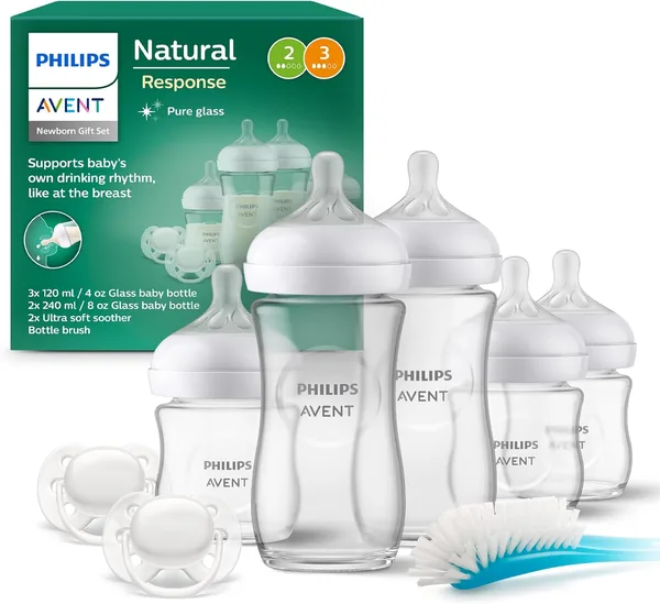 Philips AVENT Natürliche Reaktion Glas-Geschenkset für Neugeborene - 3 x 120 ml und 2 x 240 ml Babynäpfe, 2 x Ultra Soft Sauger 0