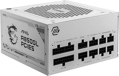 MSI MAG A850GL PCIE5 Blanc Alimentation Modulaire ATX 3.1, 80 Plus Gold | 850W, Compatible PCIe 5.0, Ventilateur 120mm FDB, Full-Bridge - 34% de réduction