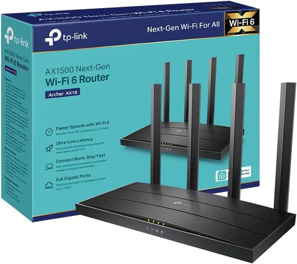 Router TP-Link AX18 Wi-Fi à 6 bandes AX 1500Mbps avec quatre ports Gigabit et antenne haute performance, WPA3, Parental Control et protection antivirus intégrée