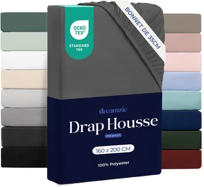 Feuille de lit Dreamzie ajustée 160 x 200 cm pour matelas épais jusqu'à 33 cm - 100% polyester microfibre - Gris foncé Certifié Sans produits chimiques