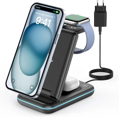 Cargador inalámbrico JoyGeek, Base de carga plegable 3 en 1 para iPhone 17/16/15/14/13/12/Plus/Pro Max, Estación de carga para Apple - 32% de descuento