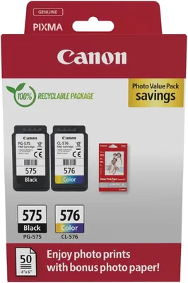 Canon PG-575 / CL-576 Originaltinte, Packung mit 2 (1x Schwarz, 1x Farbe) + 50 Blatt Canon Fotopapier 4x6; 10% Rabatt