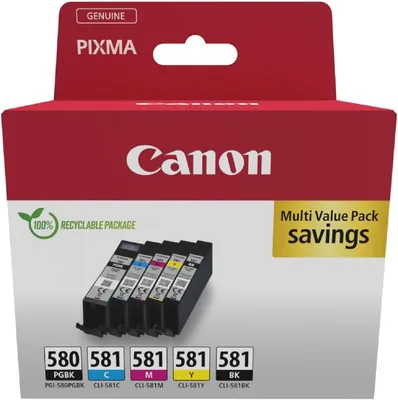 Cartouches d'encre Canon PGI-580 / CLI-581 authentiques, pack de 5 (2 noires, cyan, magenta, jaune) - Multipack carton sécurisé