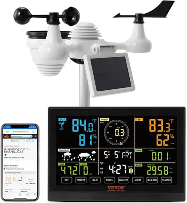 VEVOR Profetionell WLAN Väderstation 7-i-1 Solnärad Vädercentrum 7,5-Inch Display 150m Transmission Distans, Utomhus