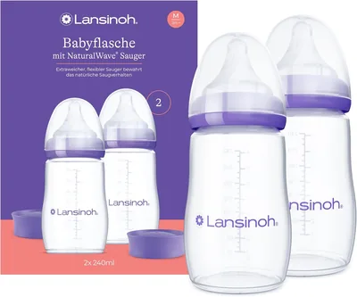 Lansinoh Flaschen mit NaturalWave Saugern Größe M, 240 ml - Zwillingspack - Kompakter Design für verbesserte Stabilität - Stapelbar