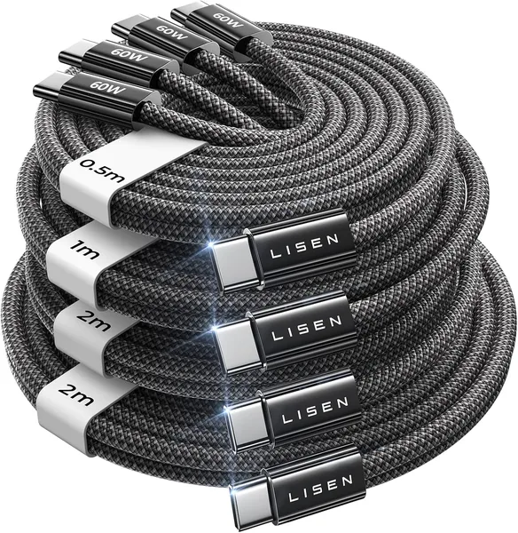 LISEN USB C to USB C Cable Charger 4-Pack [0.5/1/2/2M] for USBC to USBC Cable 60W C to Type C Charger Cables Fast Charging for iPhone 17 Pro Max 16 15 iPad Pro Air Samsung Galaxy S