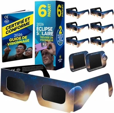 Lunettes de Soleil Éclipses 2026 - 6 Paquets Premium avec 2 Filtres Solaires pour Smartphone, Certifiées CE ISO 12312-2