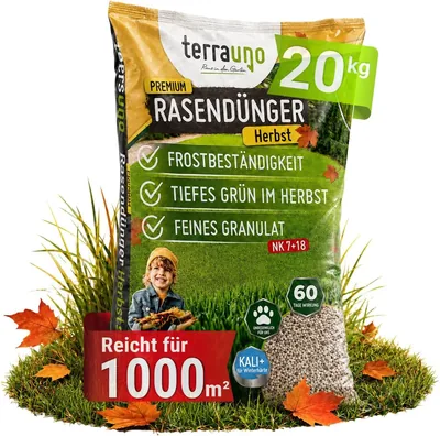 TerraUno Premium Herbstdünger Rasen, Langanhaltender Effekt 100 Tage, 20 kg für 1000 m²