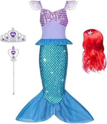 AOOWU Littorjävla Mermaid Kostum, 4 Delar Set med Röd Härlig Hed, Prinsessa Mermaid