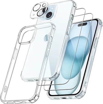 FLLAO 4-in-1 Coque pour iPhone 15 6.1 pouces, Transparent | 2 verres trempés et 1 protecteur de caméra, coussin d'air intégré, choc