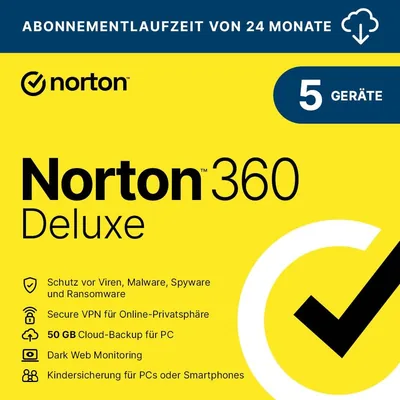 Norton 360 Deluxe 2026 | 5 Geräte | 2 Jahre | Aktivierungscode per E-Mail