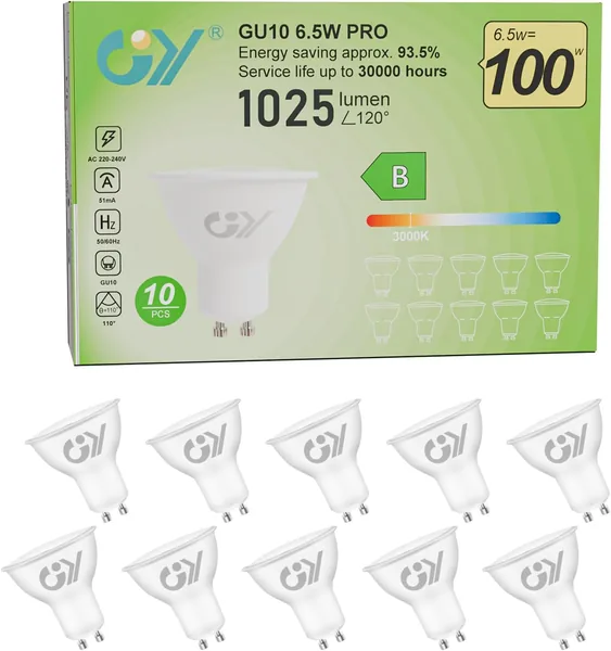 GY GU10 LED Bulb 6.5W (Eq. 100W) 1025LM 3000K Warm White, Non-Dimmable, 110 Degrees Beam Angle - GU10 LED Bulbs Pack of 10