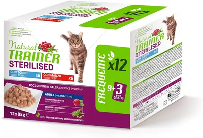 Alimento umido naturale per gatti adulti sterilizzati, confezione multipack con tonno e manzo - 12 x 85 g