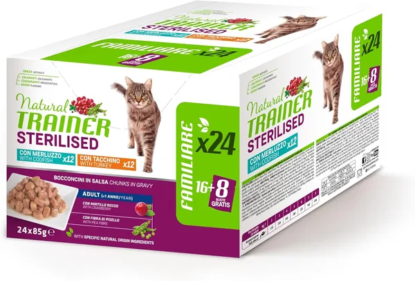 Natural Trainer Sterilized Adult Cat Wet Food Turkey and Cod Multipack 24 x 85 g