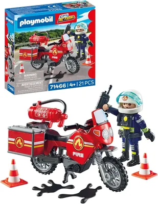 PLAYMOBIL Feuerwagen mit Motorrad: Schneller Einsatz am Unfallort | Verschiedene Zubehörteile wie Radar