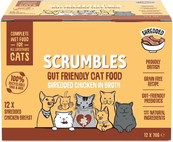 Scrumbles Natural Wet Cat Food, Shredded Chicken in Broth 12x 70g