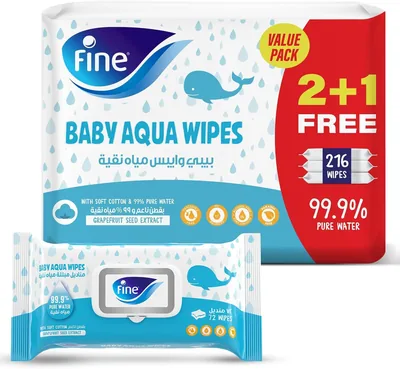 Fine Baby Aqua Wipes - 3 Packs of 72 Sheets (216 Wipes) | 40% Off